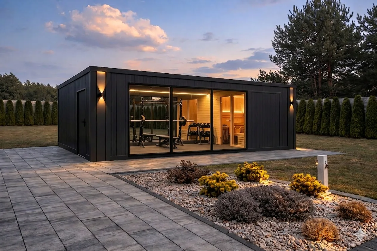 Gym Box 7×5 wieczorem w ogrodzie — studio-level 35 m² z oświetleniem